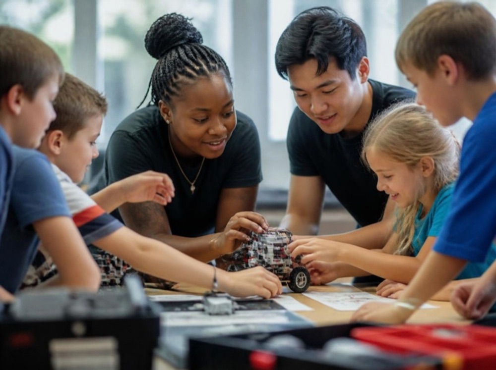 University students running a robotics session for young children