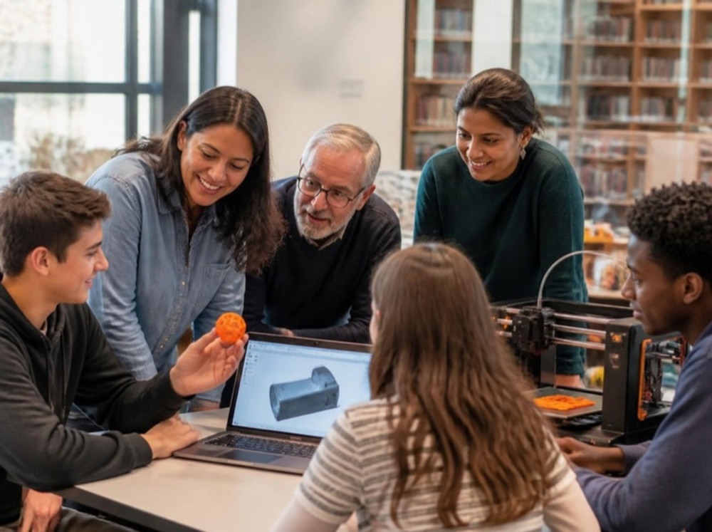 Adult volunteers mentoring teenagers beside a 3D printer