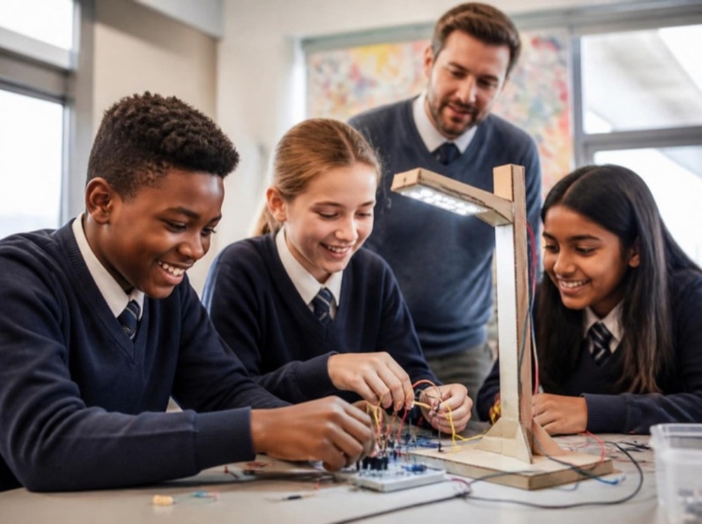 School students wiring a smart streetlight prototype with their teacher